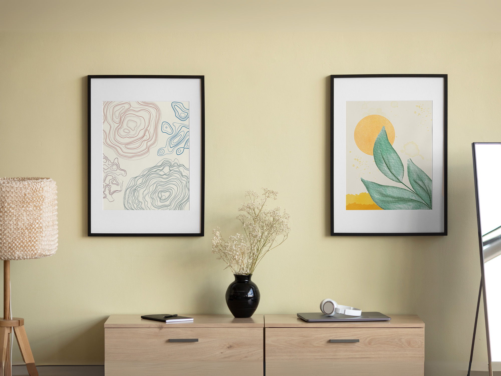2 Photo Frames On Wall With Wooden Cabinet