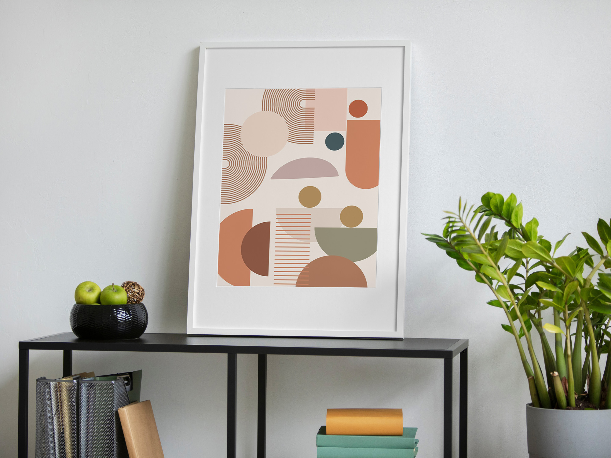 Photo Frame On A Shelf With Plant And Fruits